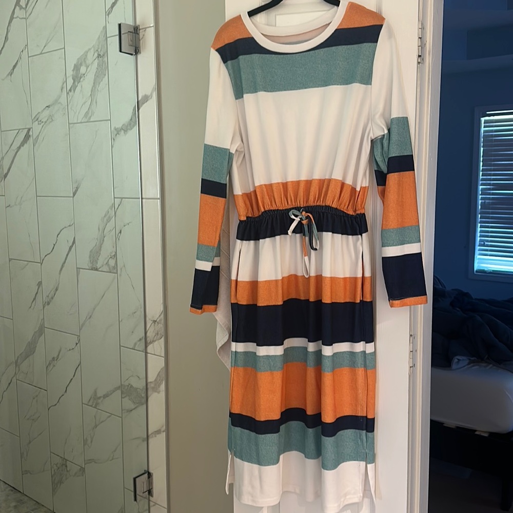 Super soft striped with pockets long sleeve tie waist dress